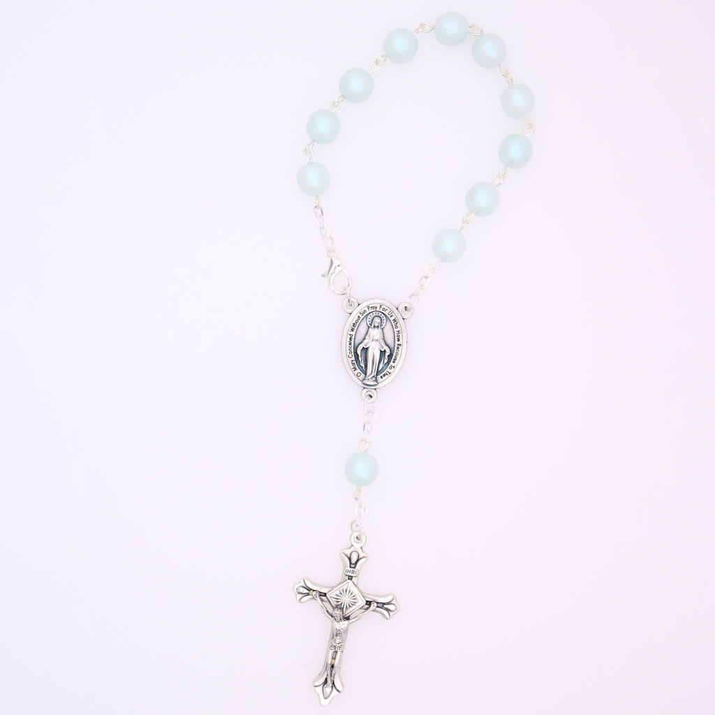 Round Light Green 8mm Bead Decade Rosary  with Silver Tone Miraculous Center and Matching Crucifix