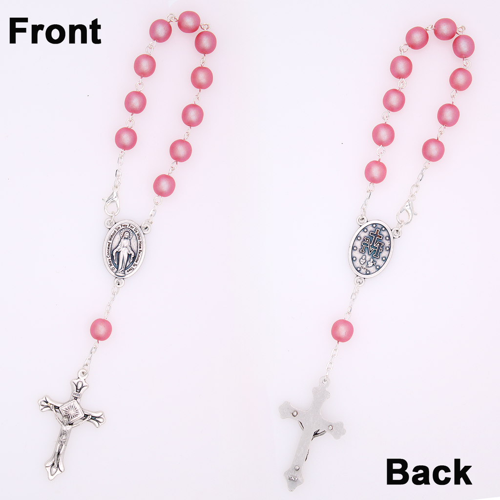 Round Pink 8mm Bead Decade Rosary  with Silver Tone Miraculous Center and Matching Crucifix