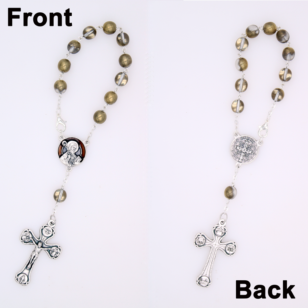 Round Marbled Brass 8mm Bead Decade Rosary  with Enameled St. Benedict Center and  Silver Tone Crucifix