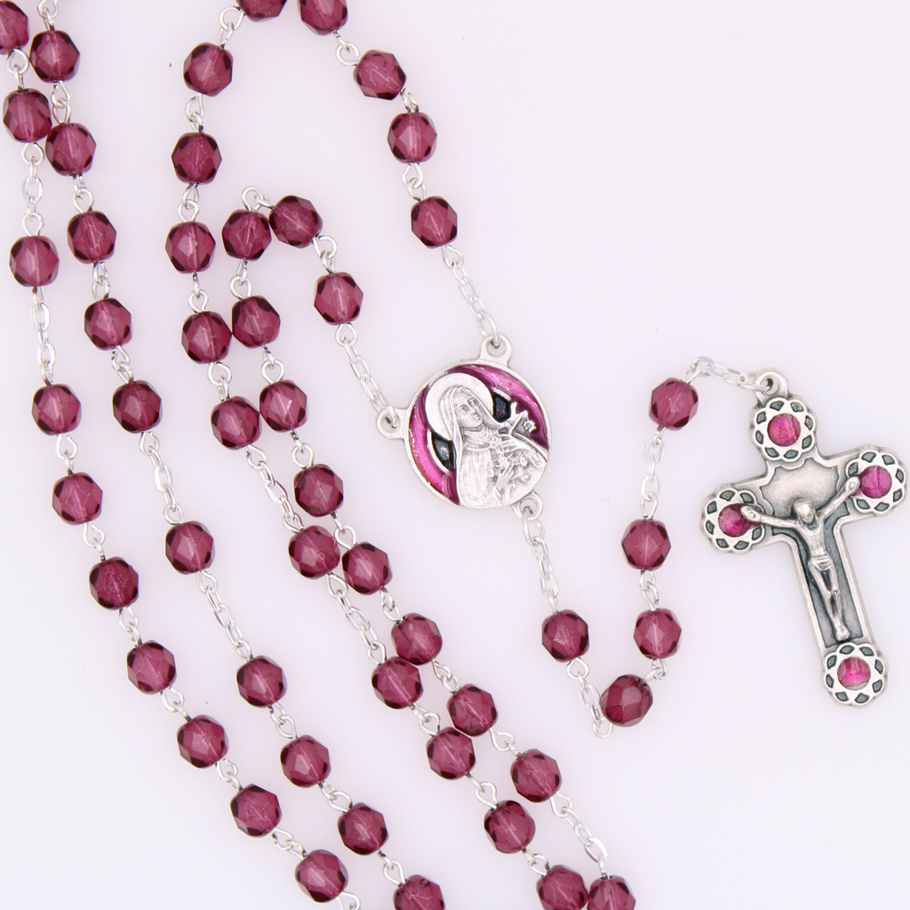 6mm Firepolished Dark Amethyst Rosary with St. Therese Center and Matching Crucifix