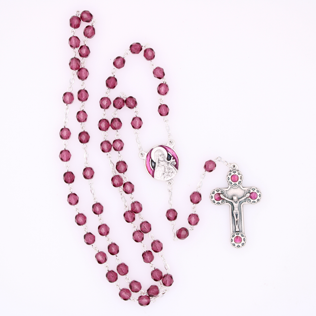 6mm Firepolished Dark Amethyst Rosary with St. Therese Center and Matching Crucifix