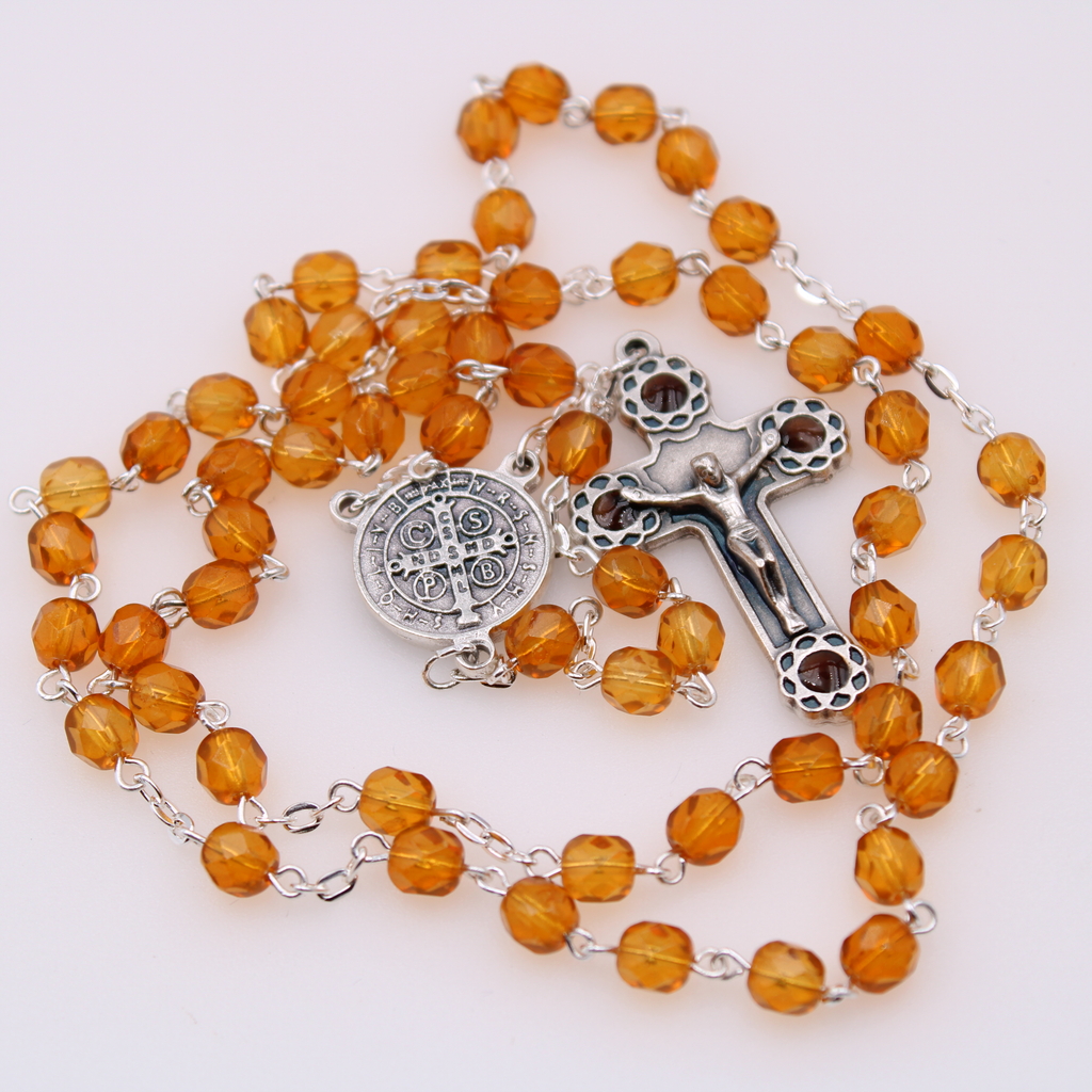 6mm Firepolished Dark Topaz Rosary with St. Bendict Center and Matching Crucifix