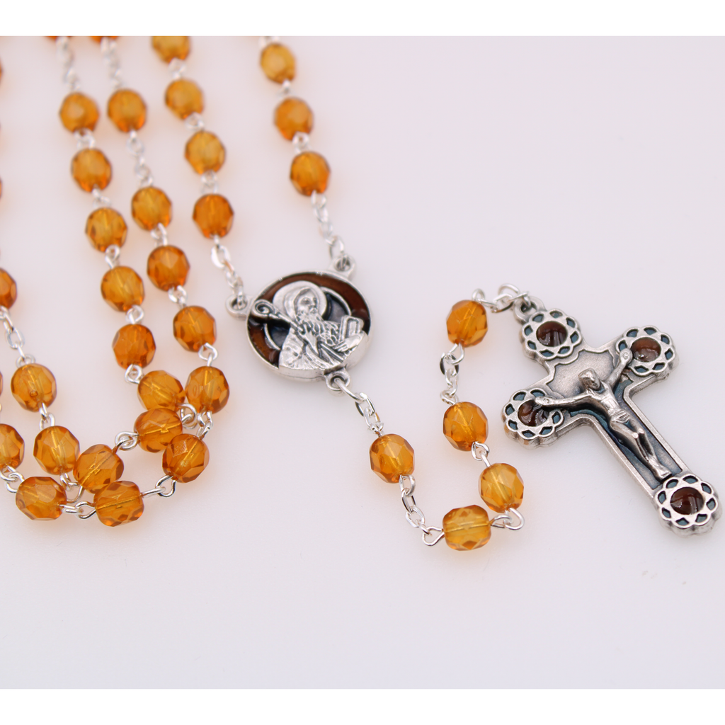 6mm Firepolished Dark Topaz Rosary with St. Bendict Center and Matching Crucifix