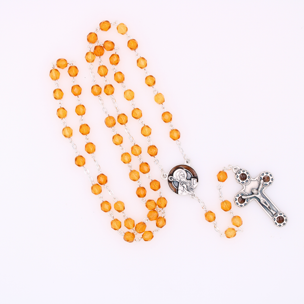 6mm Firepolished Dark Topaz Rosary with St. Bendict Center and Matching Crucifix