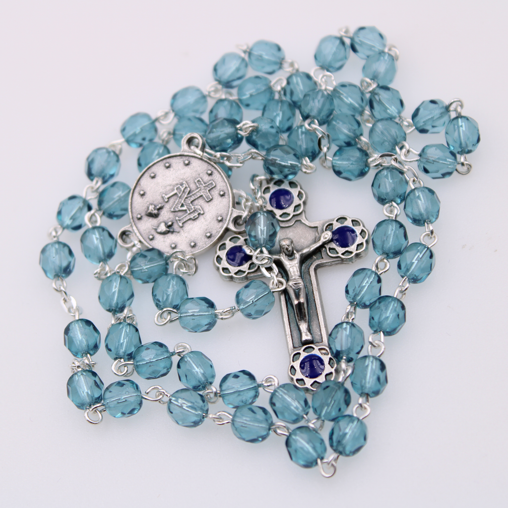 6mm Firepolished Blue Topaz Rosary with Miraculous Center and Matching Crucifix