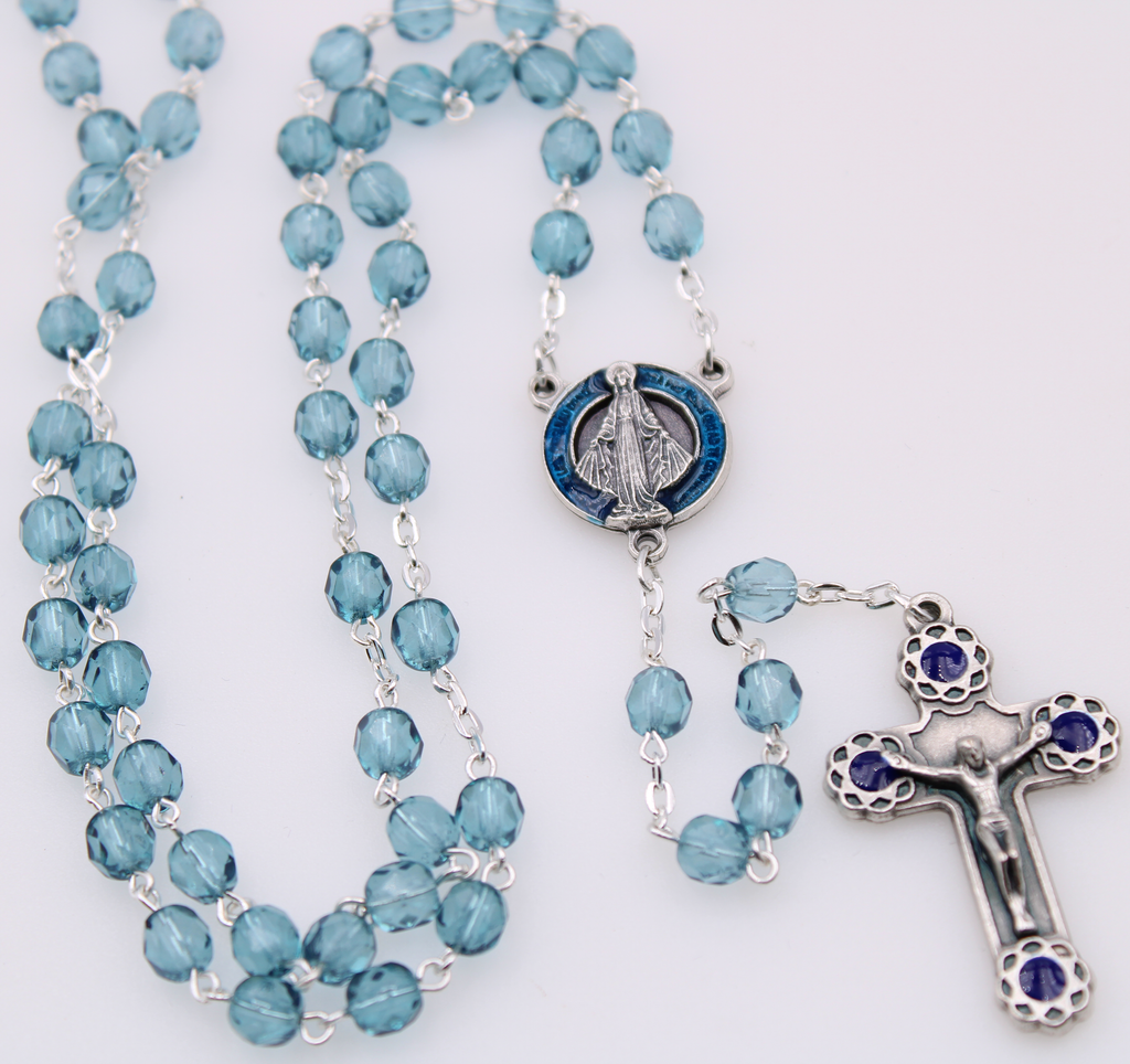 6mm Firepolished Blue Topaz Rosary with Miraculous Center and Matching Crucifix
