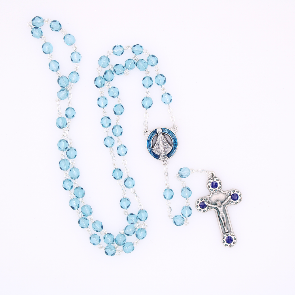 6mm Firepolished Blue Topaz Rosary with Miraculous Center and Matching Crucifix