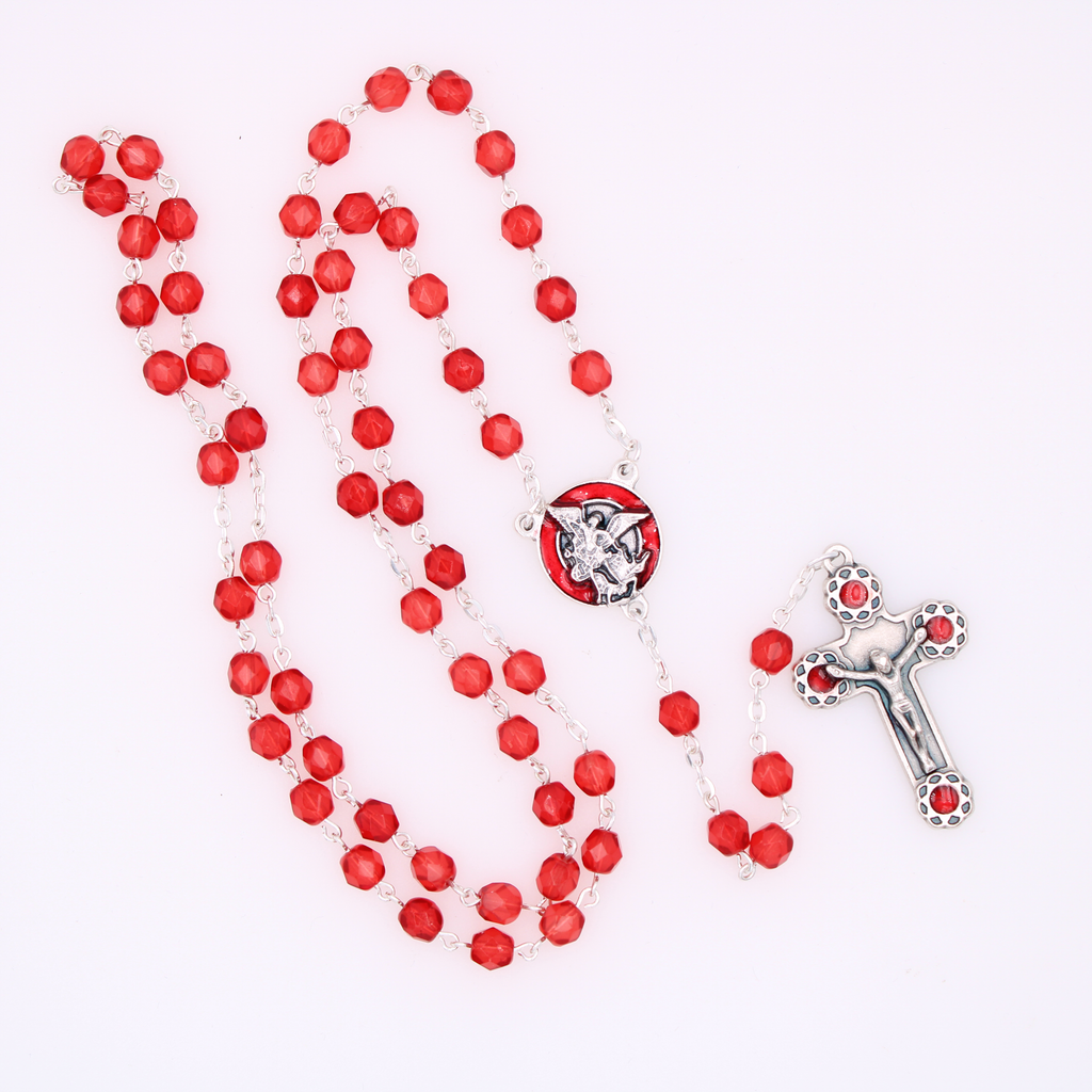 6mm Firepolished Ruby Rosary with St. Michael Center and Matching Crucifix