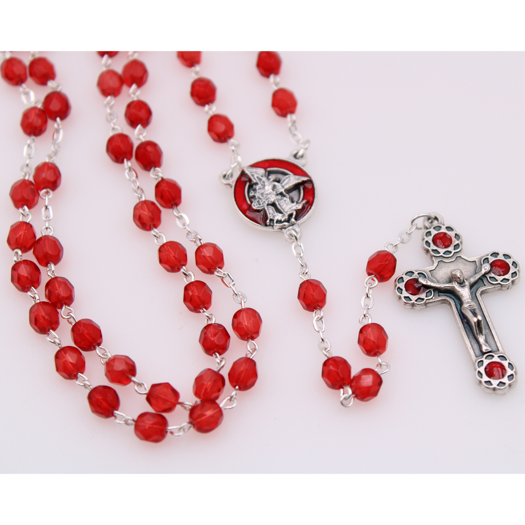 6mm Firepolished Ruby Rosary with St. Michael Center and Matching Crucifix
