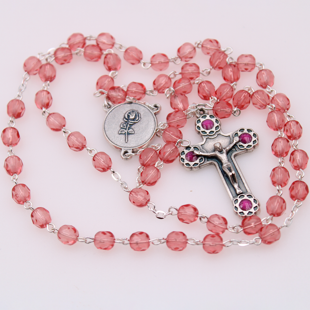 6mm Firepolished Hot Pink Rosary with St. Theresa Center and Matching Crucifix