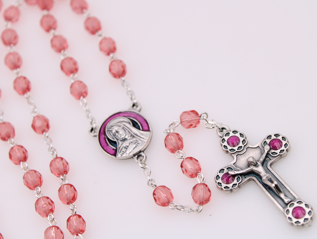 6mm Firepolished Hot Pink Rosary with St. Theresa Center and Matching Crucifix