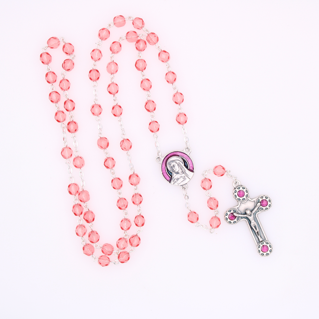 6mm Firepolished Hot Pink Rosary with St. Theresa Center and Matching Crucifix
