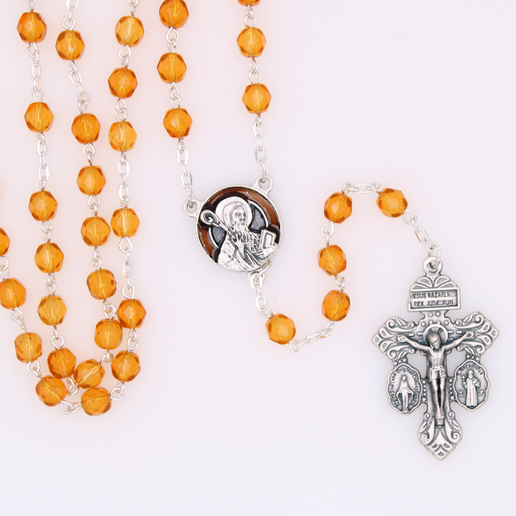 6mm Firepolished Dark Topaz Rosary with St. Bendict Center and Pardon Crucifix