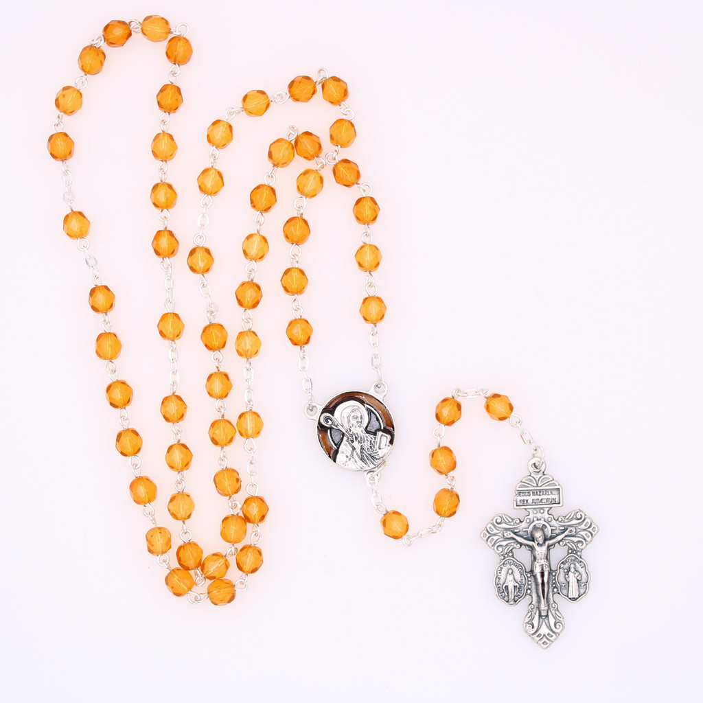 6mm Firepolished Dark Topaz Rosary with St. Bendict Center and Pardon Crucifix