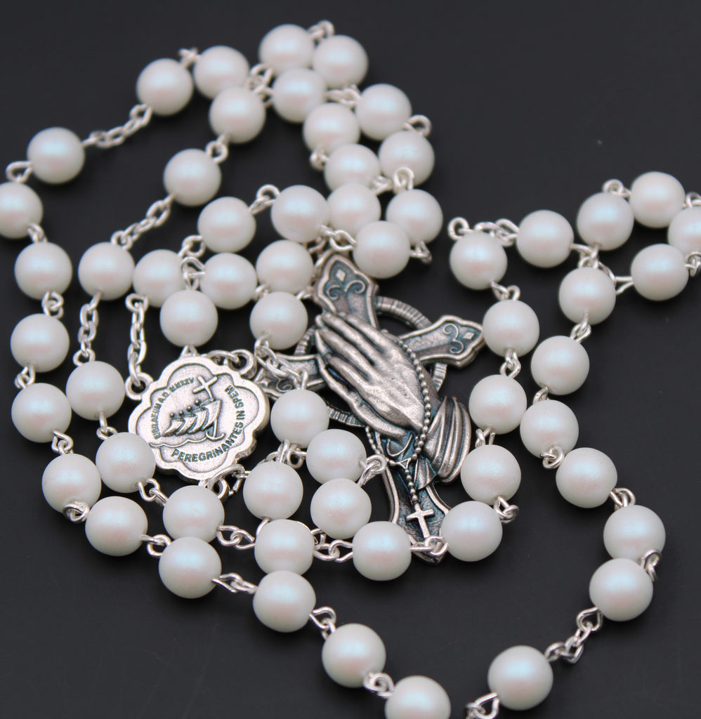 Round Frosted Pearl Bead Rosary with Jubilee Center and Silver Tone Praying Hands Cross