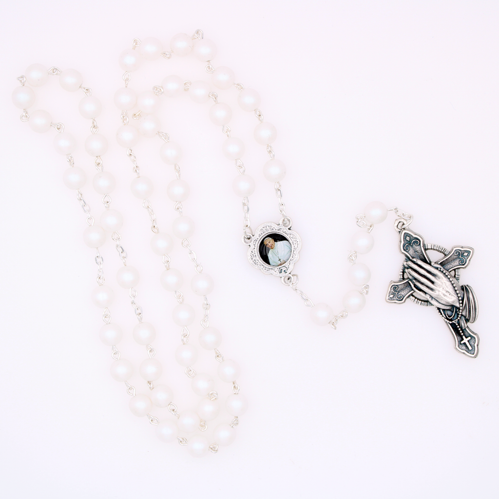 Round Frosted Pearl Bead Rosary with Jubilee Center and Silver Tone Praying Hands Cross