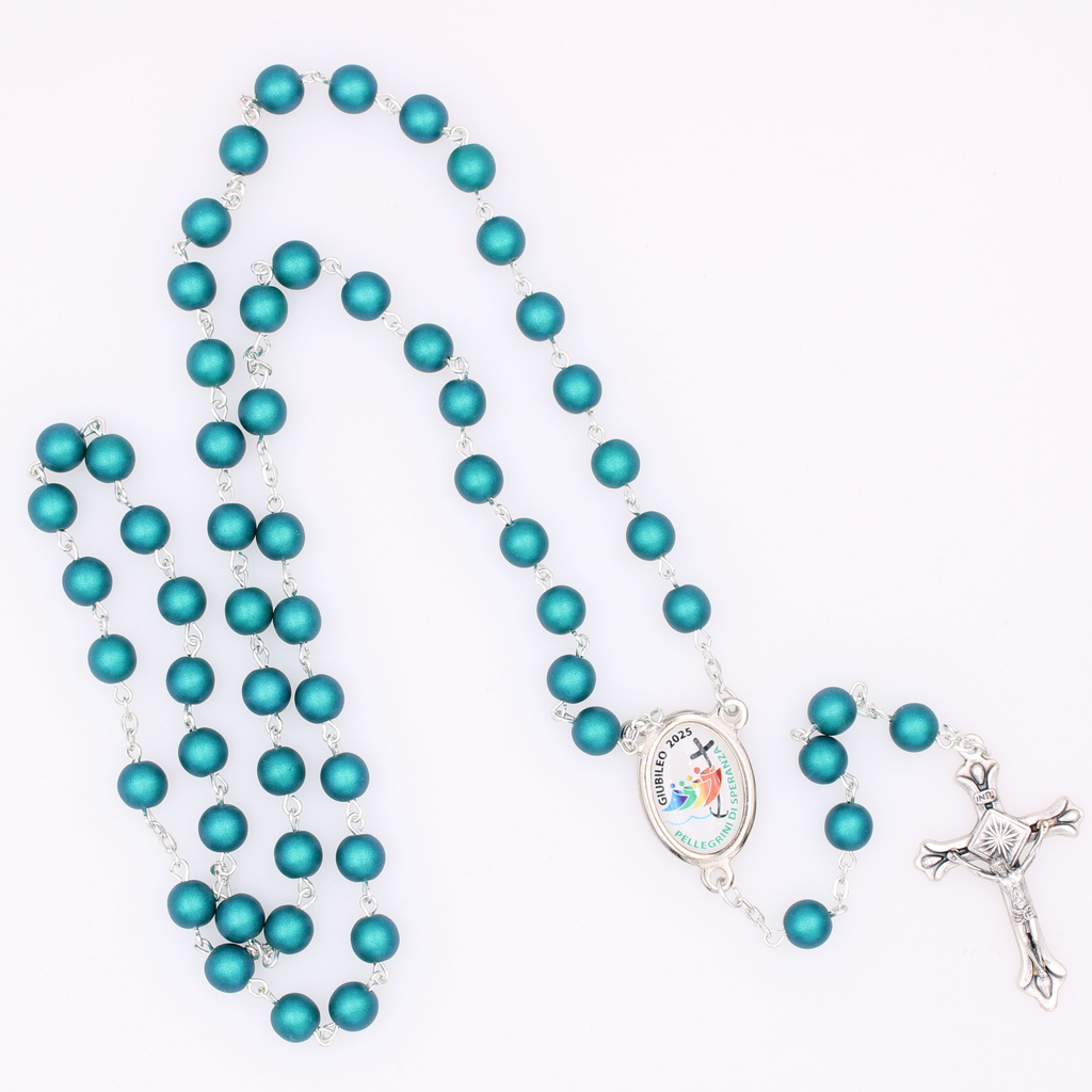 Round Frosted Emerald Bead Rosary with Jubilee Center and Silver Tone Crucifix