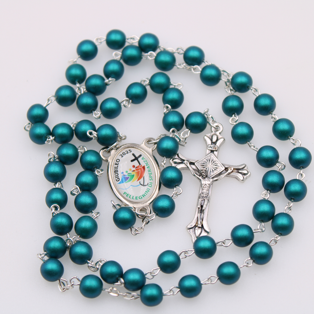 Round Frosted Emerald Bead Rosary with Jubilee Center and Silver Tone Crucifix