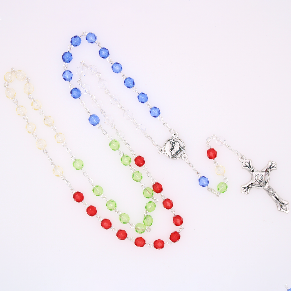 6mm Firepolished Multicolor Rosary with Miraculous Center and Silver Tone Crucifix