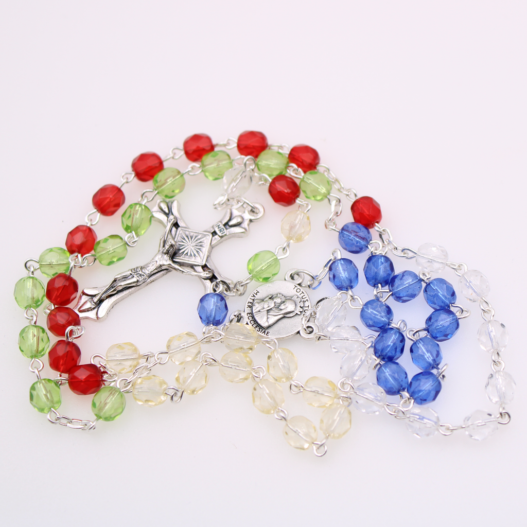 6mm Firepolished Multicolor Rosary with Miraculous Center and Silver Tone Crucifix