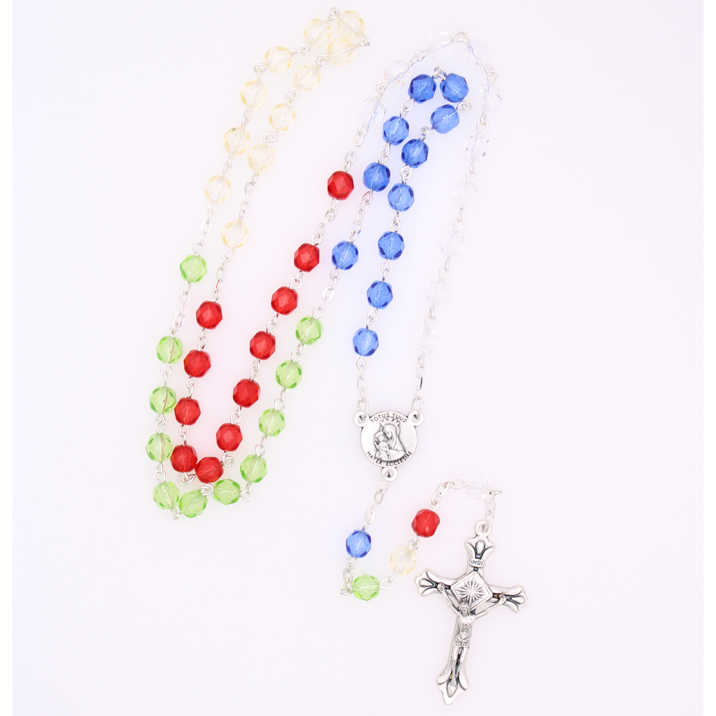 6mm Firepolished Multicolor Rosary with Miraculous Center and Silver Tone Crucifix