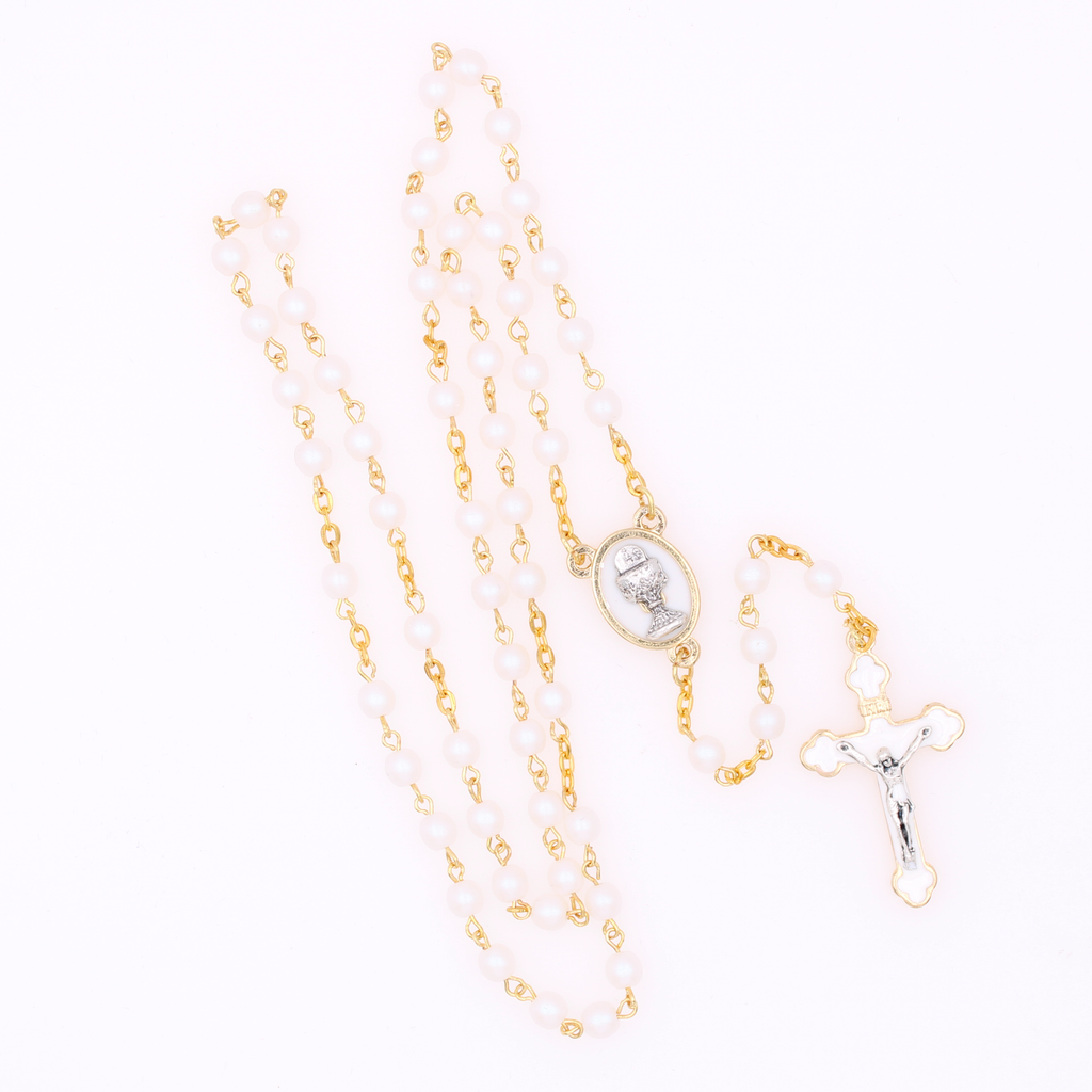 6mm Communion Rosary in Gold Tone with Matching Crucifix