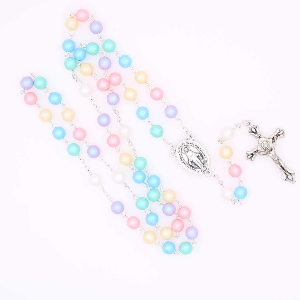 Round Frosted Multicolor Bead Rosary with Miraculous Center and Silver Tone Crucifix