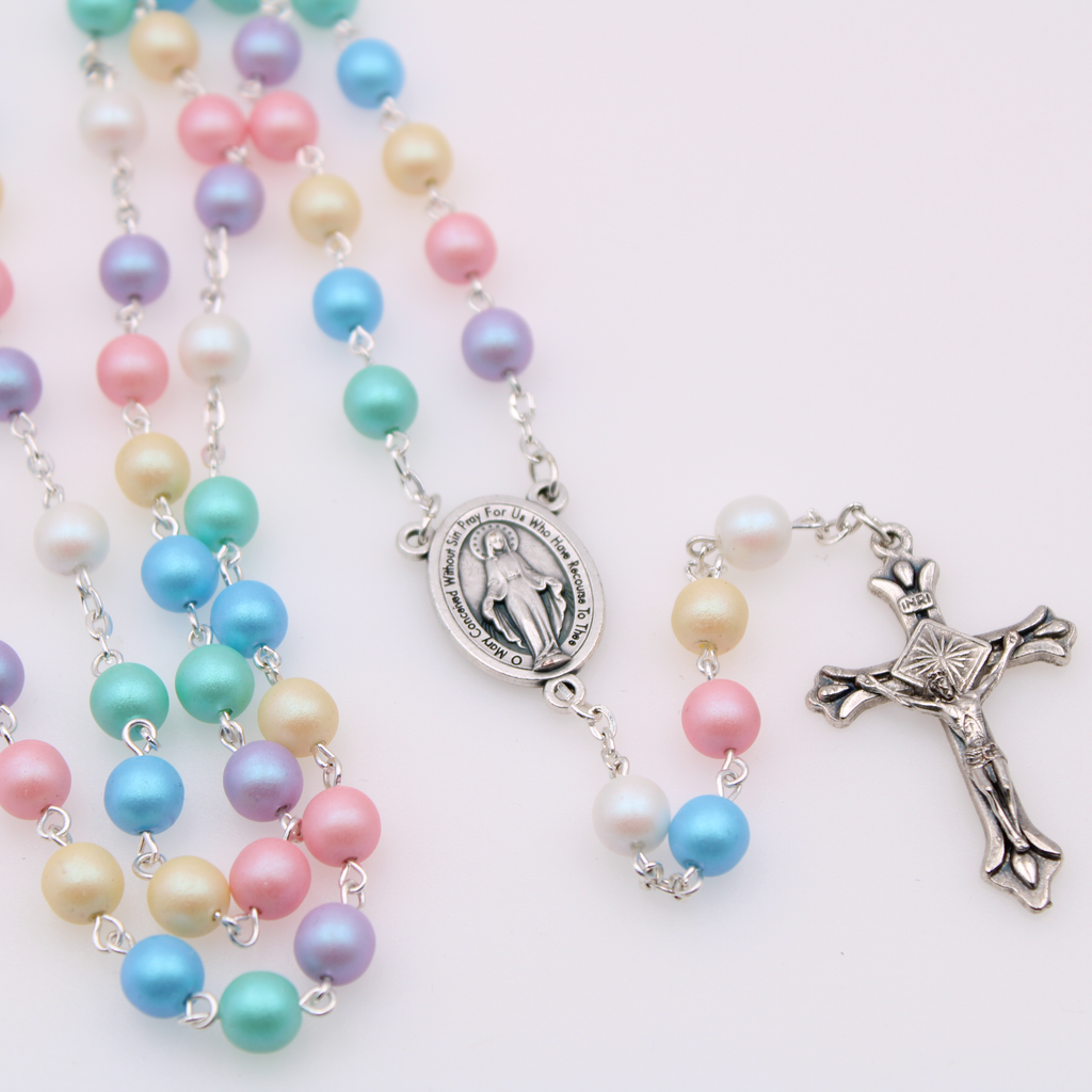 Round Frosted Multicolor Bead Rosary with Miraculous Center and Silver Tone Crucifix