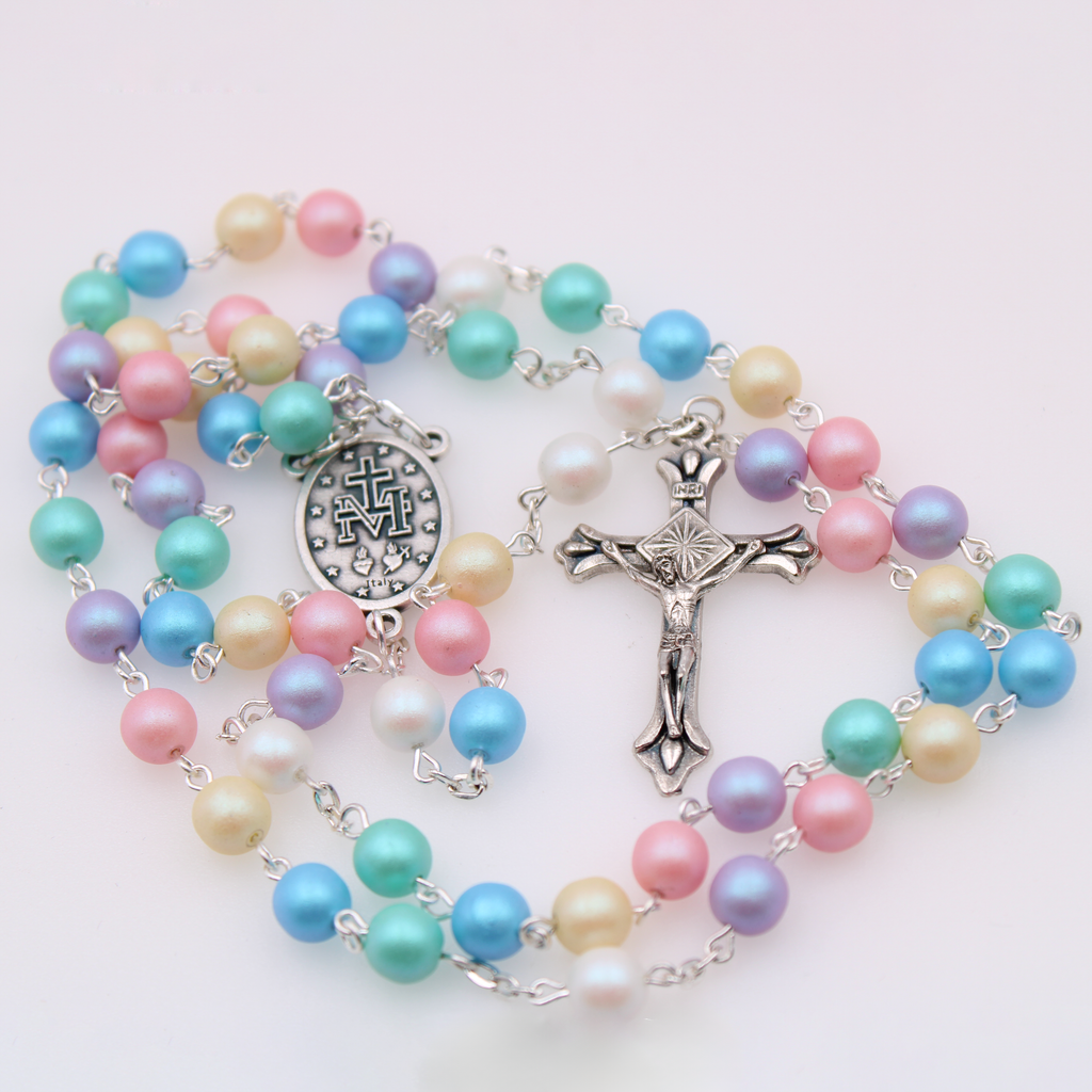 Round Frosted Multicolor Bead Rosary with Miraculous Center and Silver Tone Crucifix