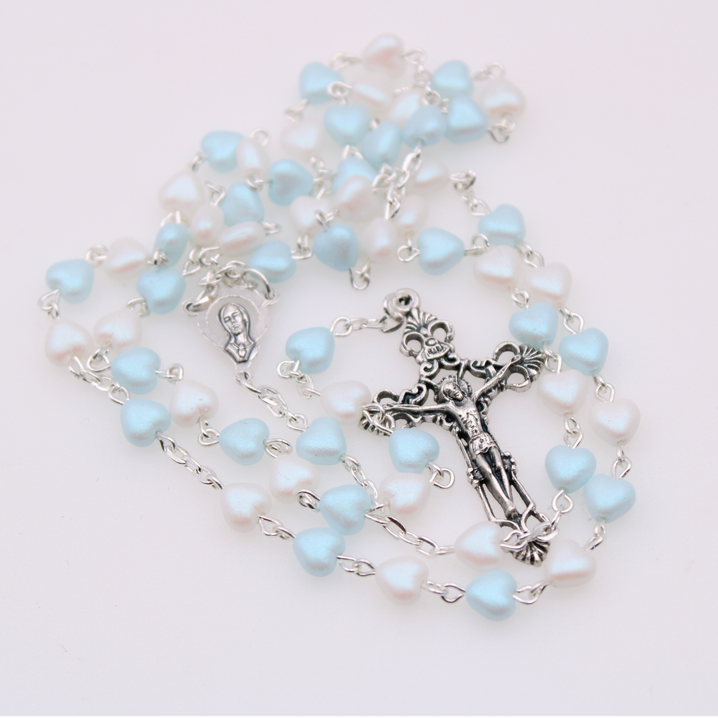 Blue and White Heart Shaped Bead Rosary with Mary Center and Embellished Crucifix