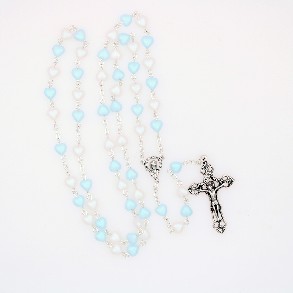 Blue and White Heart Shaped Bead Rosary with Mary Center and Embellished Crucifix