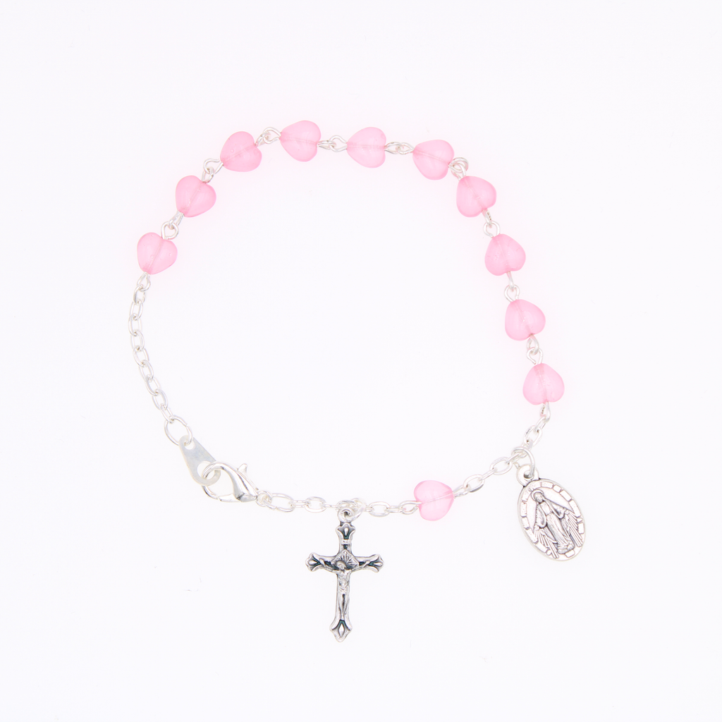 Heart Shaped Bead Bracelet with Crucifix and Miraculous Charm