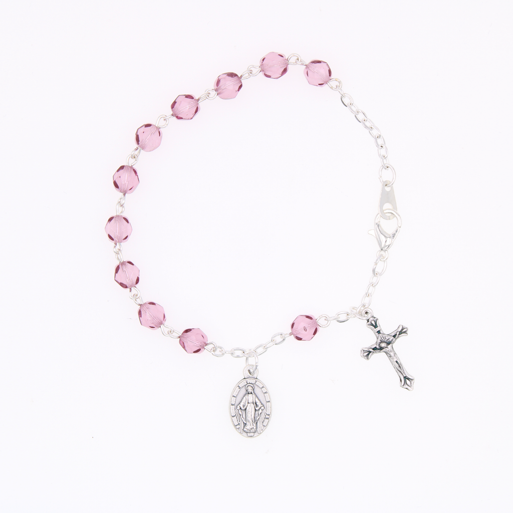 6mm Crystal Bead Bracelet with Crucifix and Miraculous Charm