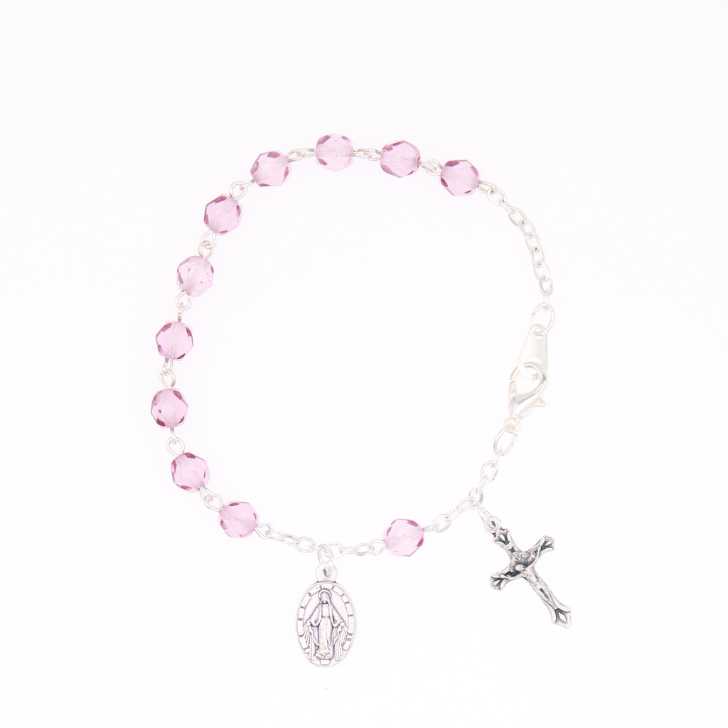 6mm Crystal Bead Bracelet with Crucifix and Miraculous Charm
