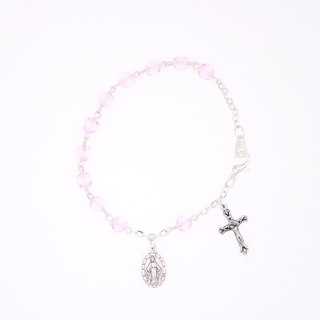 6mm Crystal Bead Bracelet with Crucifix and Miraculous Charm