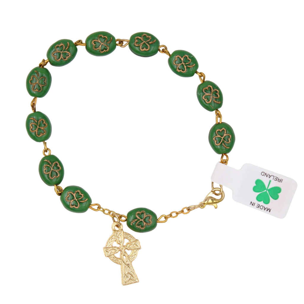 Irish Celtic Bracelet with Shamrock Beads and gold-tone components