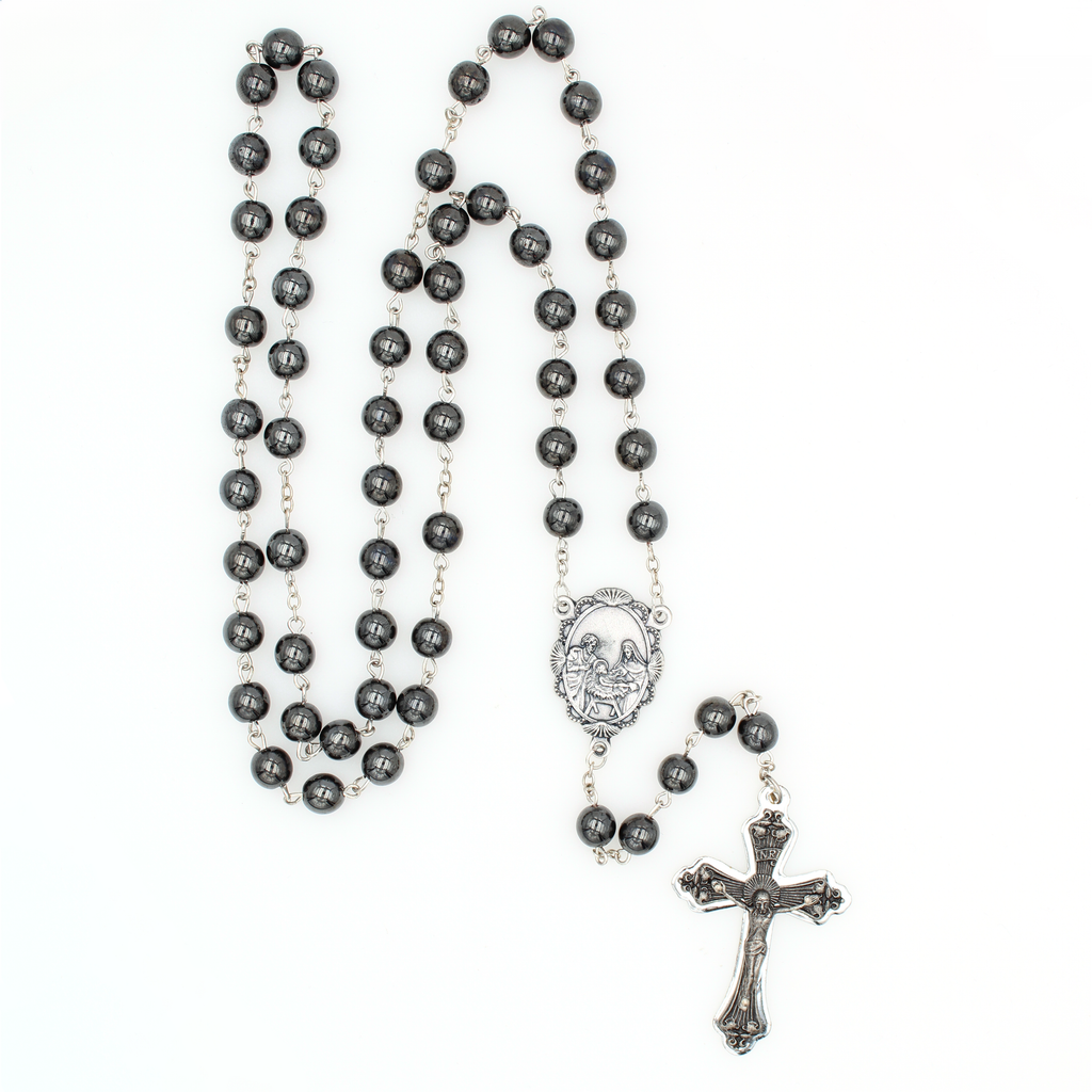Black Hematite Nativity Rosary with Nativity Center and Cross