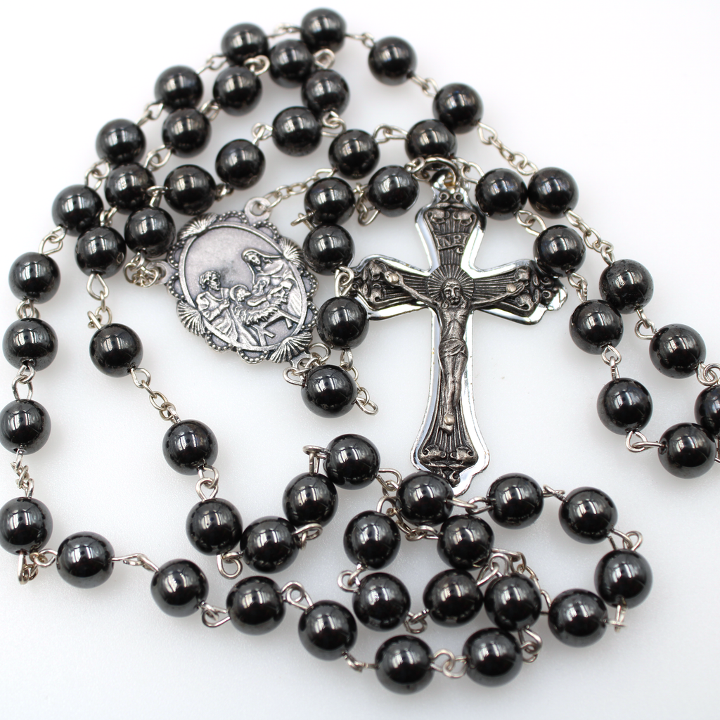 Black Hematite Nativity Rosary with Nativity Center and Cross