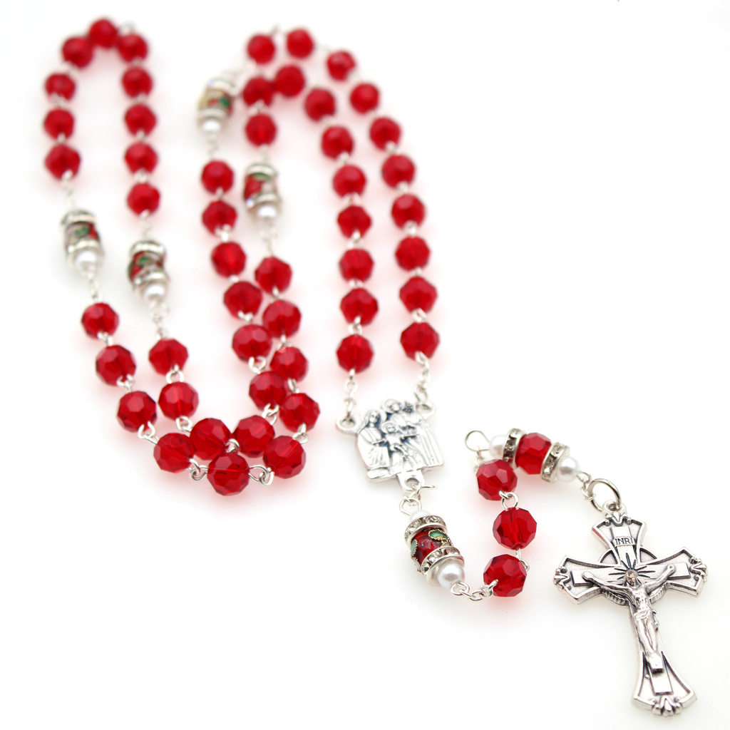 Christmas Rosary- Genuine Crystal 7mm beads with a unique Cloisonné Rondelle our father bead, with mini crystals and imitation pearls.