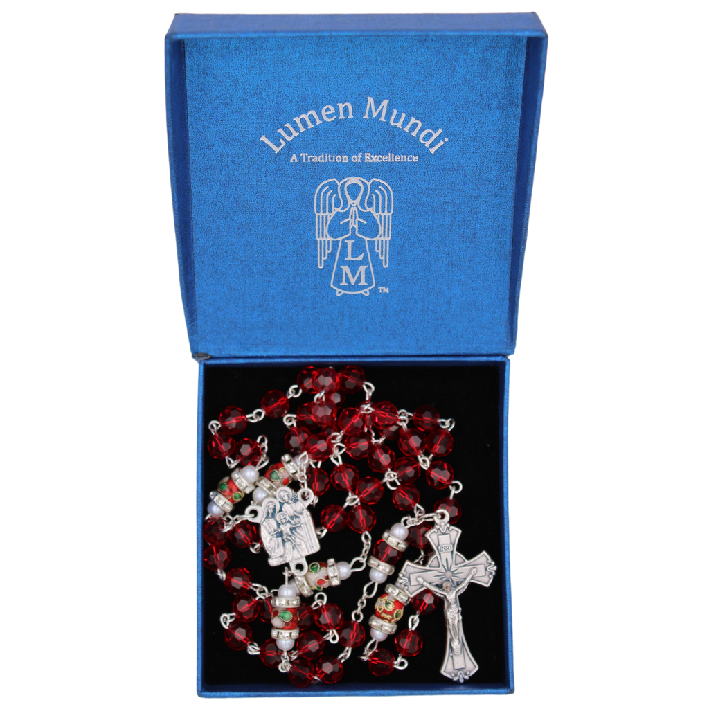 Christmas Rosary- Genuine Crystal 7mm beads with a unique Cloisonné Rondelle our father bead, with mini crystals and imitation pearls.