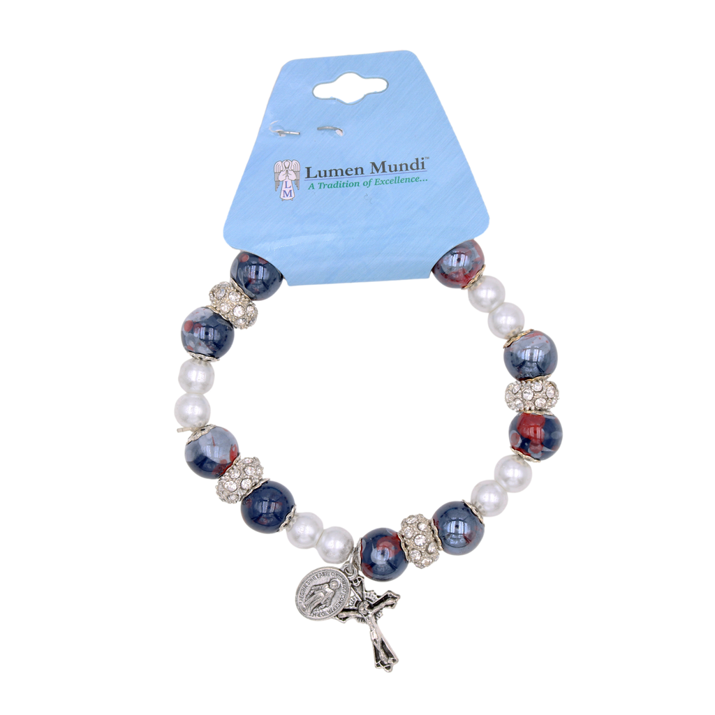 6 MM Imitation Pearl and Imitation Dark Blue and Red Marble Beads Bracelet