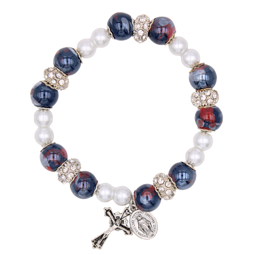 6 MM Imitation Pearl and Imitation Dark Blue and Red Marble Beads Bracelet