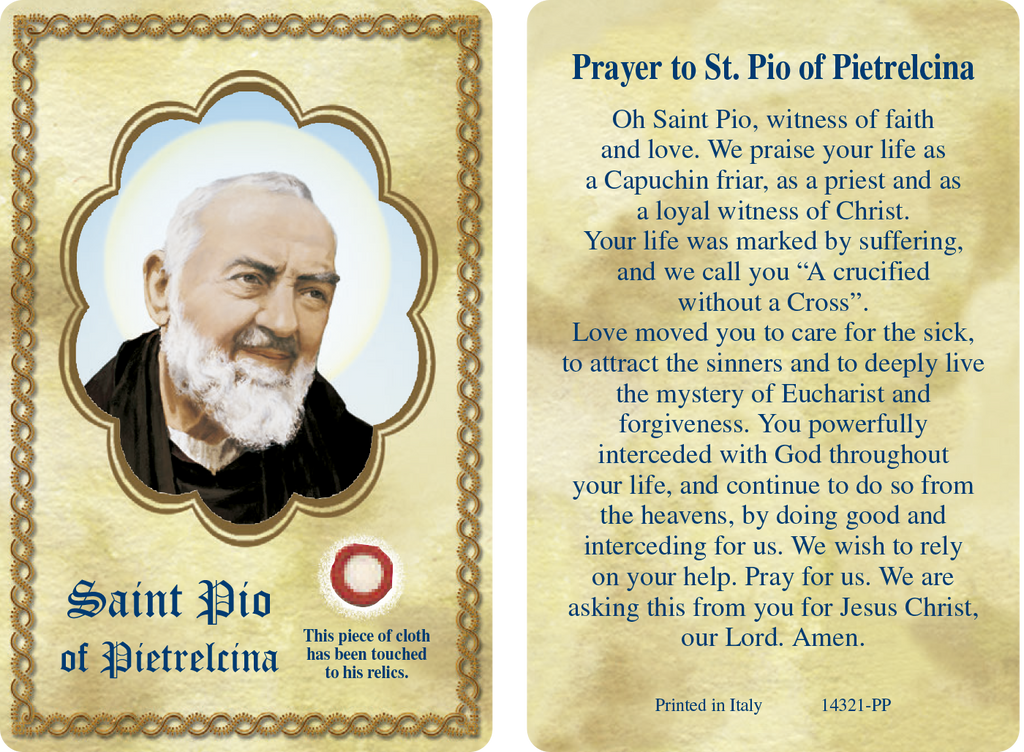 Saint Pio Third Class Relic Card - Pack of 25