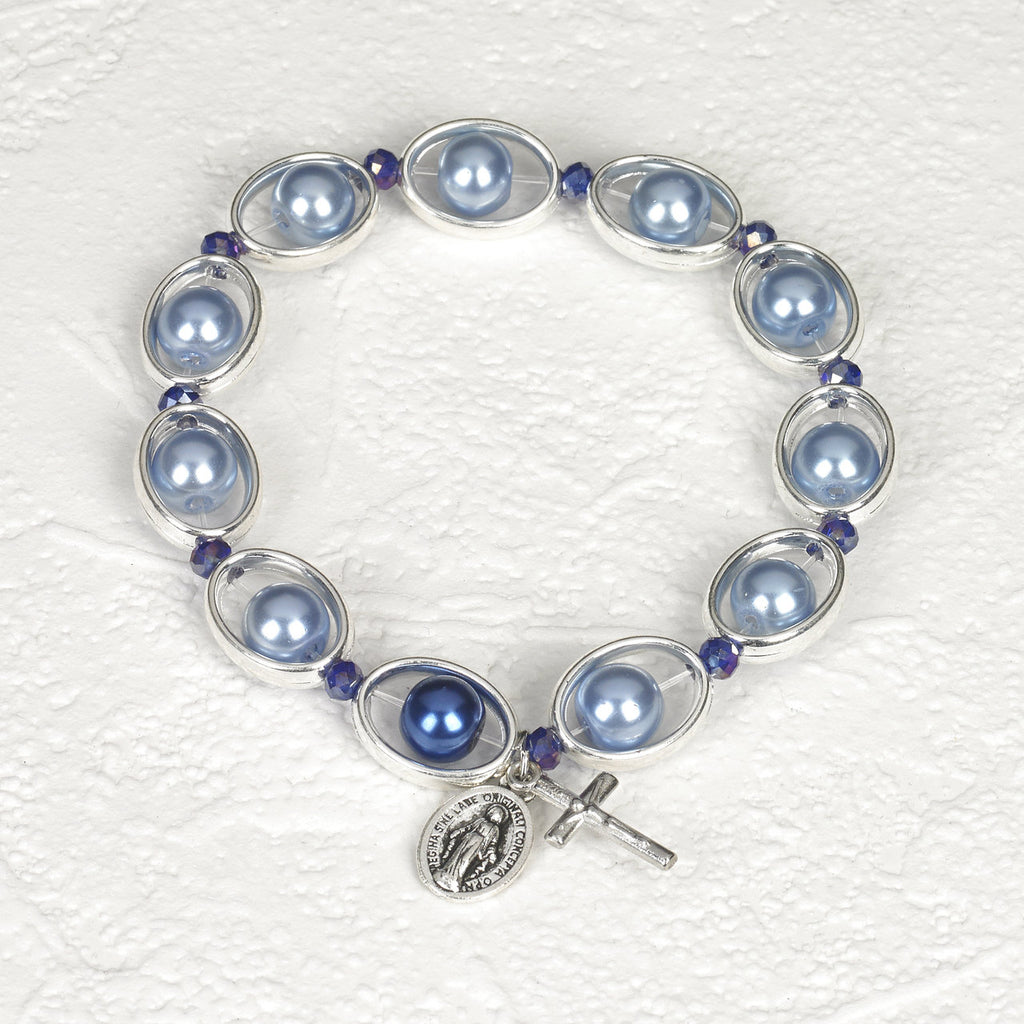 Blue Imitation Pearl in Silver tone Oval Rosary Stretch Bracelet - Pack of 4