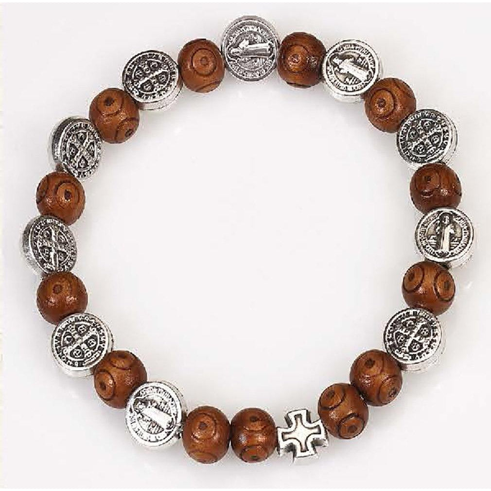 Saint Benedict Wood and Silver tone Medal Rosary Bracelet - Pack of 4