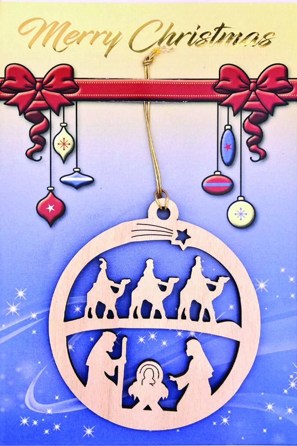 Blue Christmas Card with Wooden Ornament