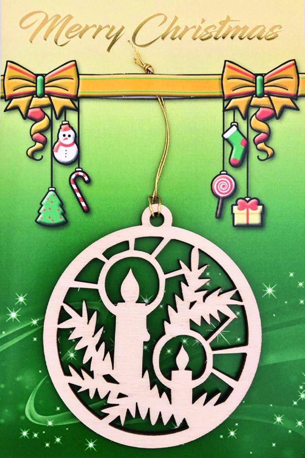 Green Christmas Card with Candle Wooden Ornament