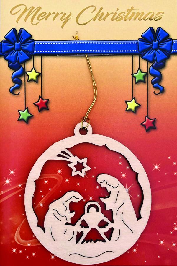 Red Christmas Card with Holy Family Wooden Ornament