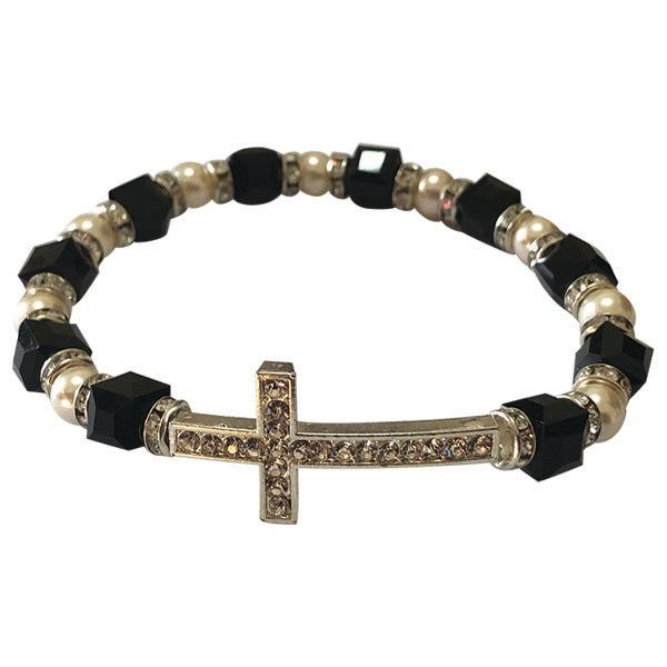 8mm Crystal, Black Cube and White Stretch Bracelet with Crystal Cross