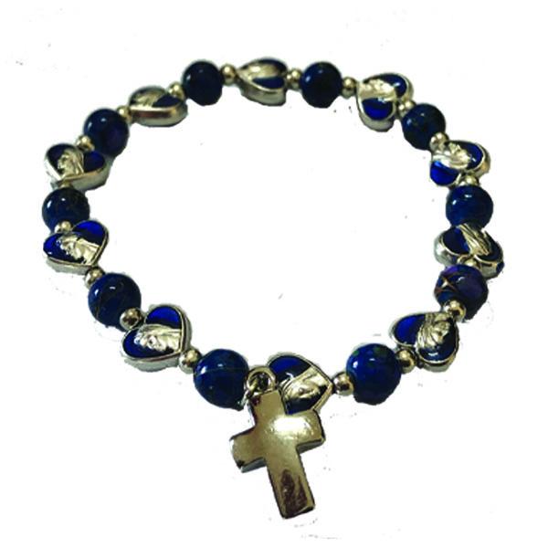 Dark Blue Enamel Heart Shaped Stretch Bracelet with Silver Tone Cross